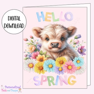 Lindo animal toro becerro Hola primavera tarjeta de felicitación imprimible, descarga digital instantánea, papelería divertida para imprimir en casa para amantes de las mascotas, 5x7"