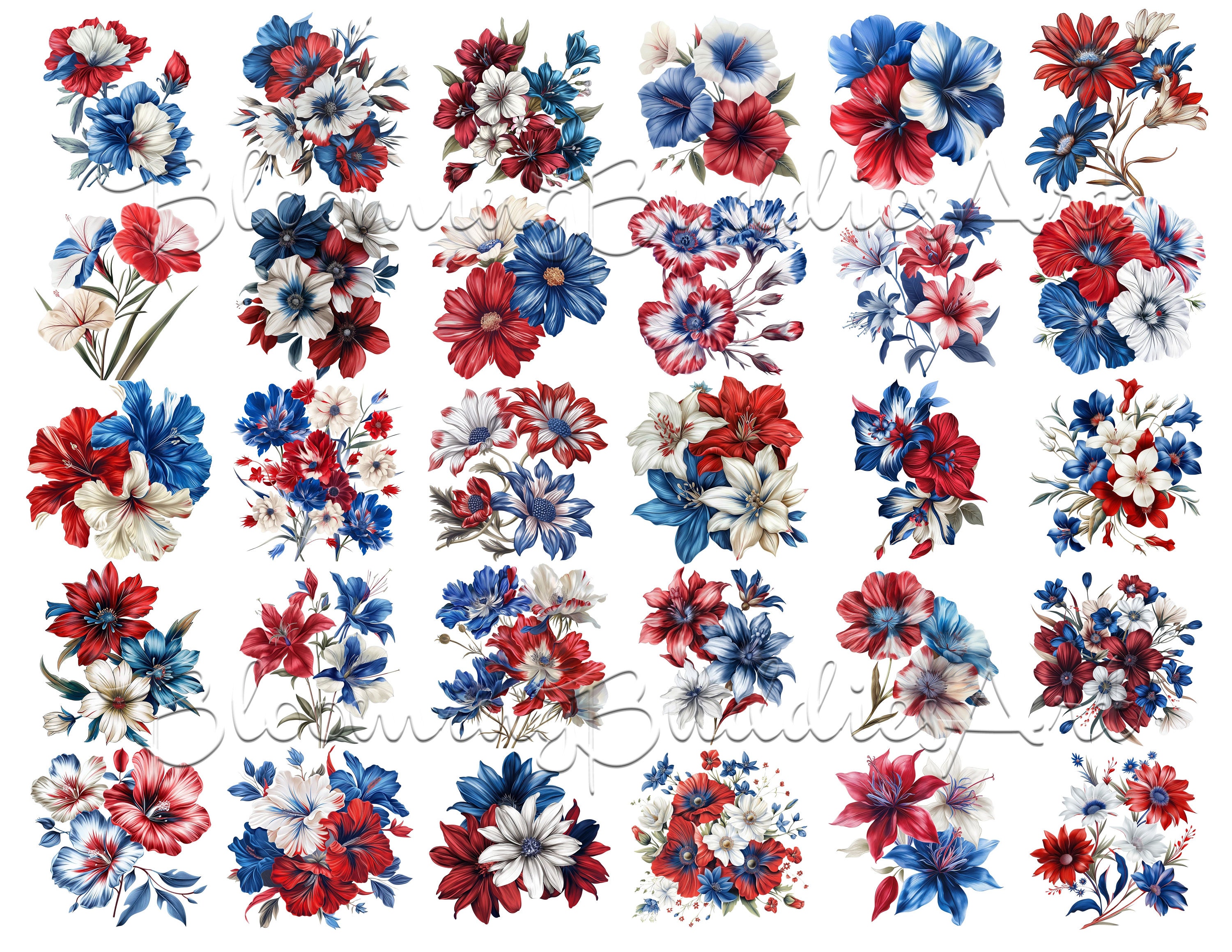 30 Watercolor 4th of July Floral Clipart Bundle, Independence Day ...