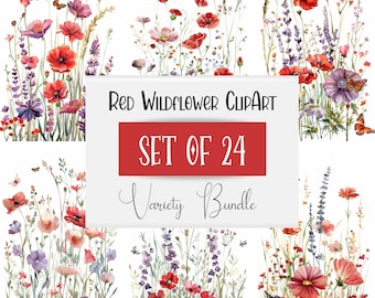 20 Red Watercolor Wildflower Bundle Clipart, Summer Clipart, Instant Download, Free Commercial Use, Meadow Flower PNG for Digital Crafting