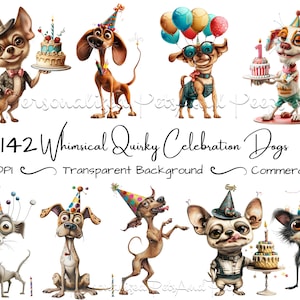 142 Whimsical Quirky Dog Clipart Bundle, Funny Clip Art, Junk Journal Pets Birthday Celebration Ephemera, Party Animal Fun, Commercial Use