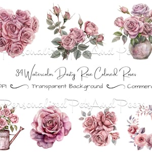 Dusty Rose Watercolor Clip Art conjunto de 34, clipart floral, buquê floral, clipart de casamento, rosa rosa PNG, download instantâneo, uso comercial