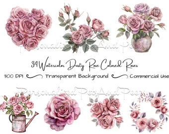 Dusty Rose aquarel illustraties set van 34, bloemen clipart, bloemenboeket, bruiloft clipart, roze roos png, instant download, commercieel gebruik