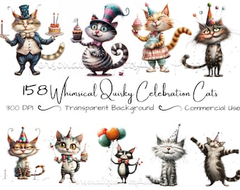 158 bundle di clipart di gatti eccentrici e stravaganti, clip art divertenti, diario spazzatura animali domestici compleanno celebrazione effimera, divertimento con animali da festa, uso commerciale