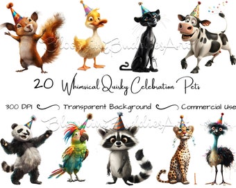 Pacchetto di clipart stravaganti e stravaganti per animali domestici da 20, celebrazione del compleanno degli animali domestici, clip art a sublimazione eccentrica, scrapbooking digitale per uso commerciale gratuito