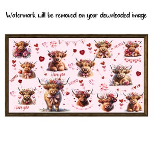 May include: A pink background with a repeating pattern of Highland cows wearing flower crowns and holding hearts. The cows are brown and white with pink bows. The text "i love you" and "XOXO" are repeated throughout the image.