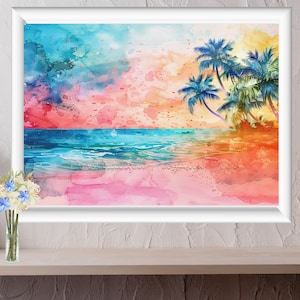 Watercolor Tropical Beach Landscape, Beach Scene Sunset for Scrapbook & Junk Journal Paper, Instant Download, Printable Summer Beach Scenery