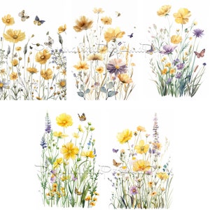 May include: A digital illustration of four watercolor bouquets of yellow and purple wildflowers with butterflies. The bouquets are arranged in a grid pattern on a white background.