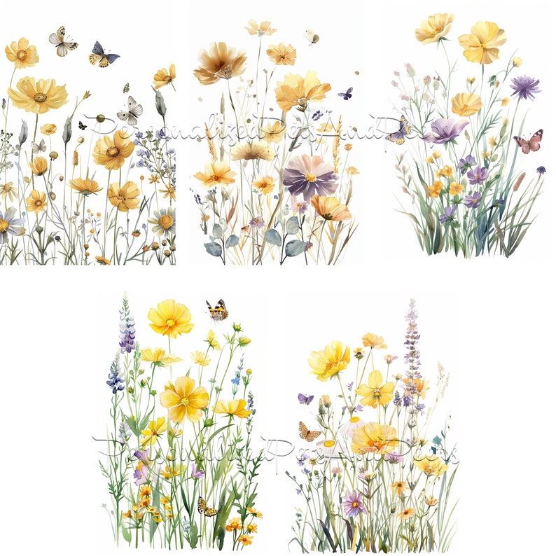 May include: A digital illustration of four watercolor bouquets of yellow and purple wildflowers with butterflies. The bouquets are arranged in a grid pattern on a white background.