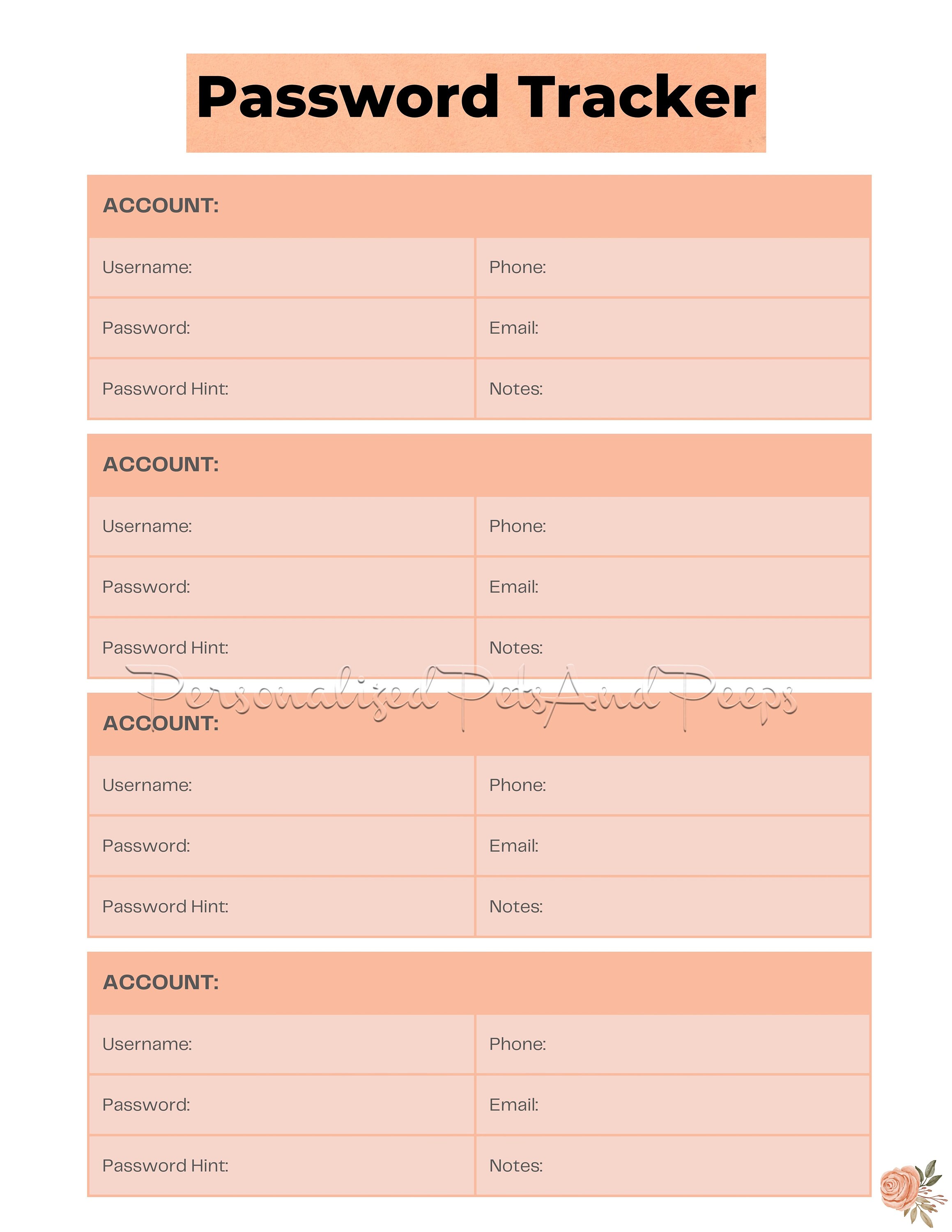 4 Peach Rose Password Tracker Printable Set, Password Book, Website ...