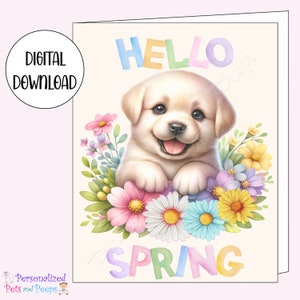Tarjeta de felicitación imprimible Cute Puppy Hello Spring, descarga digital instantánea, papelería divertida DIY con impresión de animales en casa para perros mamá y papá, 5x7"