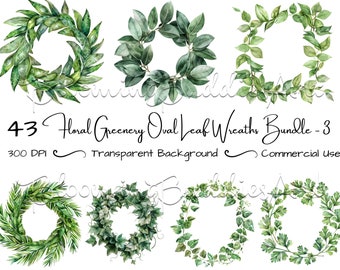 Watercolor Floral Wreath Greenery Bundle of 43, Botanical Wreath, Premade Wreath, Circle Frame, Free Commercial Use, Instant Download