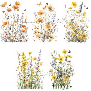May include: Six watercolor illustrations of yellow and purple wildflowers with butterflies. The flowers are arranged in a bouquet-like shape and are set against a white background.