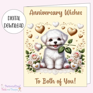 Happy Anniversary Cards, Bichon Frise Dog Card w/ Roses, Pet Greeting Card, Dog Lover Card with Envelopes, Anniversary Wishes to Both of You