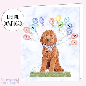 Leuke afdrukbare Goldendoodle Happy Birthday-wenskaart, instant digitale download, leuke DIY-briefpapier voor hondenmoeders en kattenvaders, 5 x 7"