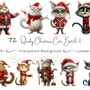 Paquete de 72 imágenes prediseñadas de gatos navideños extravagantes, gatito peculiar con gorro de Papá Noel, gráficos extravagantes para diarios basura, álbumes de recortes y creación de tarjetas