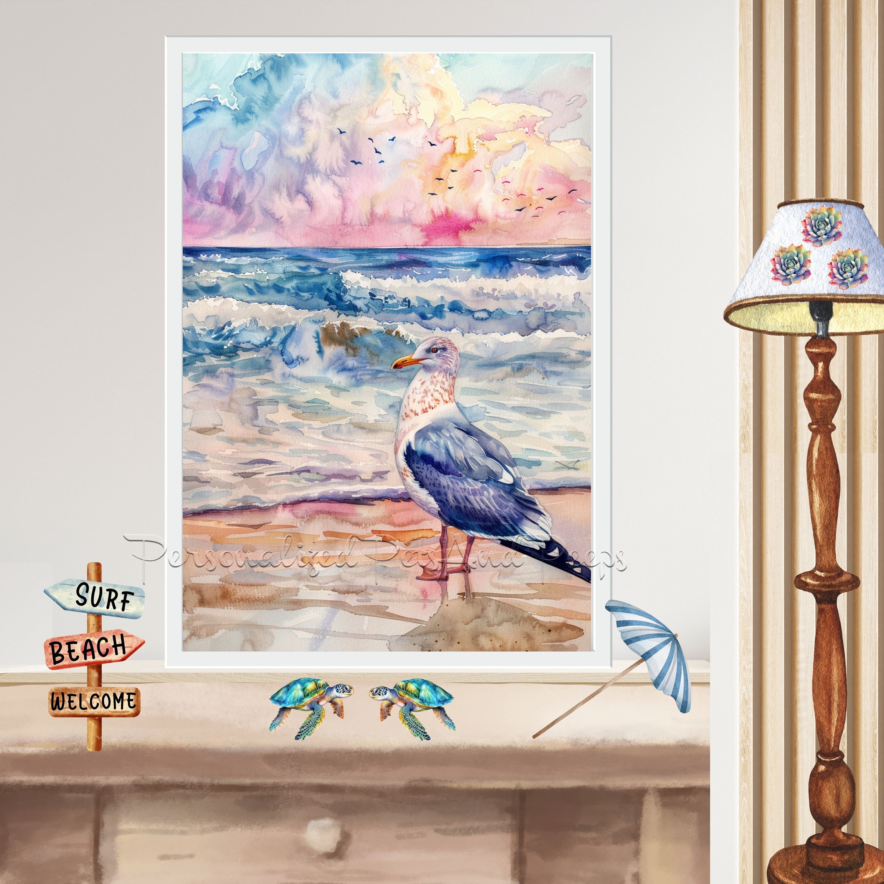 Watercolor Seagulls at the Beach Printable Wall Art, Instant Download ...