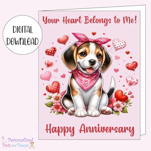 Alles Gute zum Jubiläum Tageskarte, Beagle Hundekarte, personalisierte Haustier Grußkarte, süße Jubiläumskarte für Frau / Mann, Geschenk für die Zeremonie