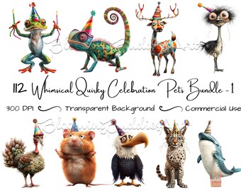 112 Whimsical Quirky Pets Clipart Bundle, Pets Birthday Celebration, Sublimation Clip Art, Whimsy Graphics Illustrations, Commercial Use