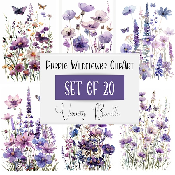 20 Purple Wildflower Png Bundle, Watercolor Spring Flower, Meadow Flowers Clipart, Commercial Use, Instant Download, Lavender Wedding Card