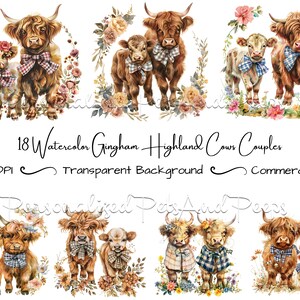 18 ginghammönster akvarell höglandskonpar Clipart-paket, transparent bakgrund, digital nedladdning, clipartgrafik, kommersiellt bruk