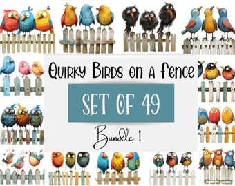 49 Watercolor Quirky Birds on a Fence Clipart Bundle, Funny Birds Clip Art, Cartoon Birds, Junk Journal, Digital Crafting, Commercial Use