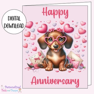 Alles Gute zum Jubiläum Tageskarte, Süßer Dackel Grußkarte, Geschenk für Frau, Digital Download, Herzlichen Grüßen Haustier, e-Cards 13x18 mit Umschlag