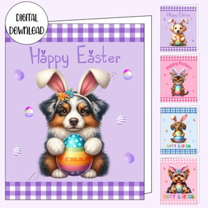 May include: A digital download of four printable Easter cards featuring different dog breeds wearing bunny ears and holding Easter eggs. The cards have a checkered background and say "Happy Easter!" in a variety of fonts.