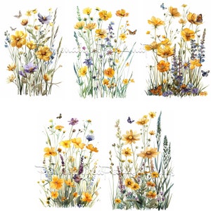 May include: Six watercolor illustrations of yellow wildflowers with green stems and leaves, purple flowers, and butterflies. The flowers are arranged in a vertical line, with the tallest flowers at the top and the shortest flowers at the bottom.