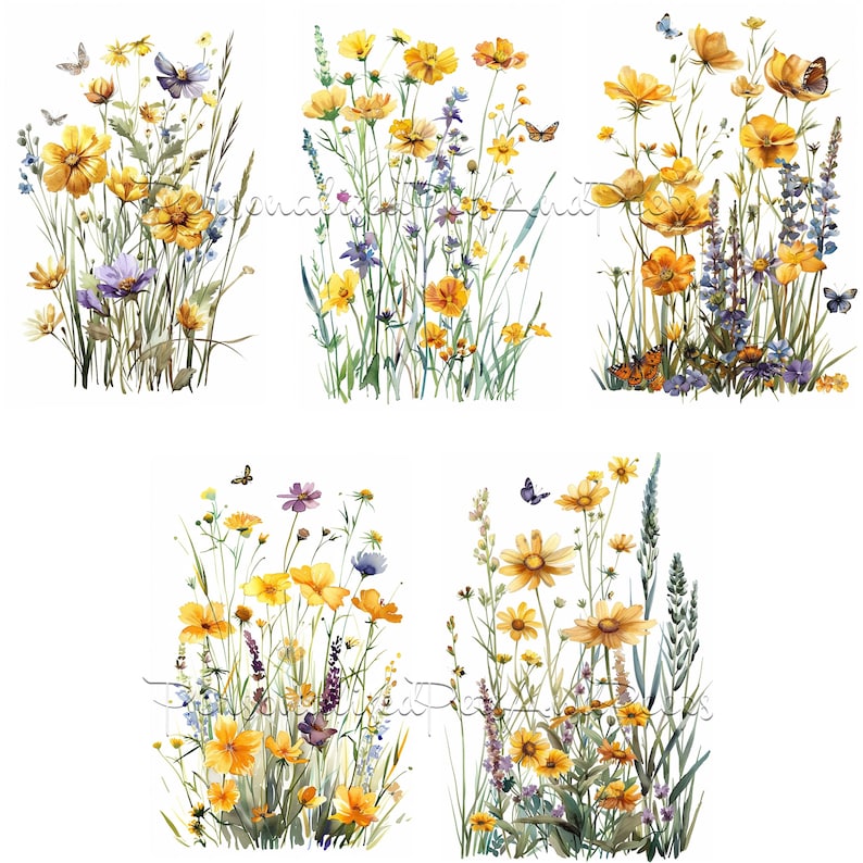 May include: Six watercolor illustrations of yellow wildflowers with green stems and leaves, purple flowers, and butterflies. The flowers are arranged in a vertical line, with the tallest flowers at the top and the shortest flowers at the bottom.