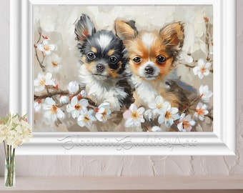 Chihuahua Dogs with White Flowers Wall Art Print, Home Decor Painting, Living Room Art, Cute Chihuahua Art, Gift for Mom, Instant Download