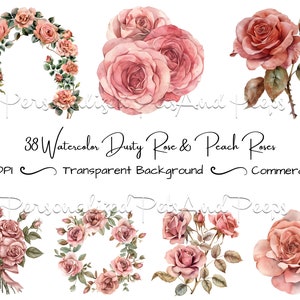 Dusty Rose Watercolor Clipart Bundle of 38, Floral Clipart, Blush Bouquet Clipart, Peach Rose PNG, Instant Download, Free Commercial Use