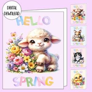 Conjunto de 18 tarjetas de felicitación imprimibles con retratos de animales lindos de Hello Spring, descarga digital instantánea, papelería divertida para imprimir en casa, 5x7"