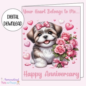 Carte d'anniversaire Shih Tzu avec coeur roses, je t'aime pour toujours chien carte 5 x 7 avec enveloppe, téléchargement numérique imprimable instantanée
