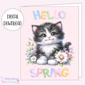 Lindo gatito esmoquin Hola primavera tarjeta de felicitación imprimible, descarga digital instantánea, papelería divertida para imprimir en casa para gatos mamá y papá, 5x7"