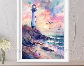 灯台に沿って描くぬり絵、水彩風景画のファインアートプリントと