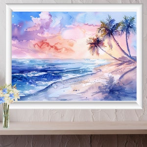 Tropical Beach Watercolor for Scrapbooking & Junk Journalling, Instant Download, Printable Coastal Seashore Background, Tropical Sunset