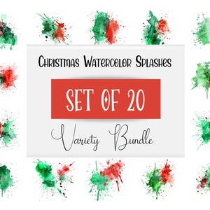 Christmas Watercolor Splashes, Watercolor Splatter Clip Art Set of 20, Transparent Background, Digital Download PNG Graphics, Commercial Use