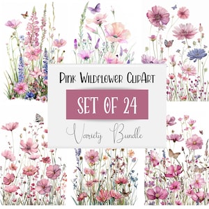 Fleurs sauvages png | Clipart fleurs sauvages à l'aquarelle | Clipart floral aquarelle | Fleurs sauvages roses | Carte d'invitation de mariage | Carte de remerciement