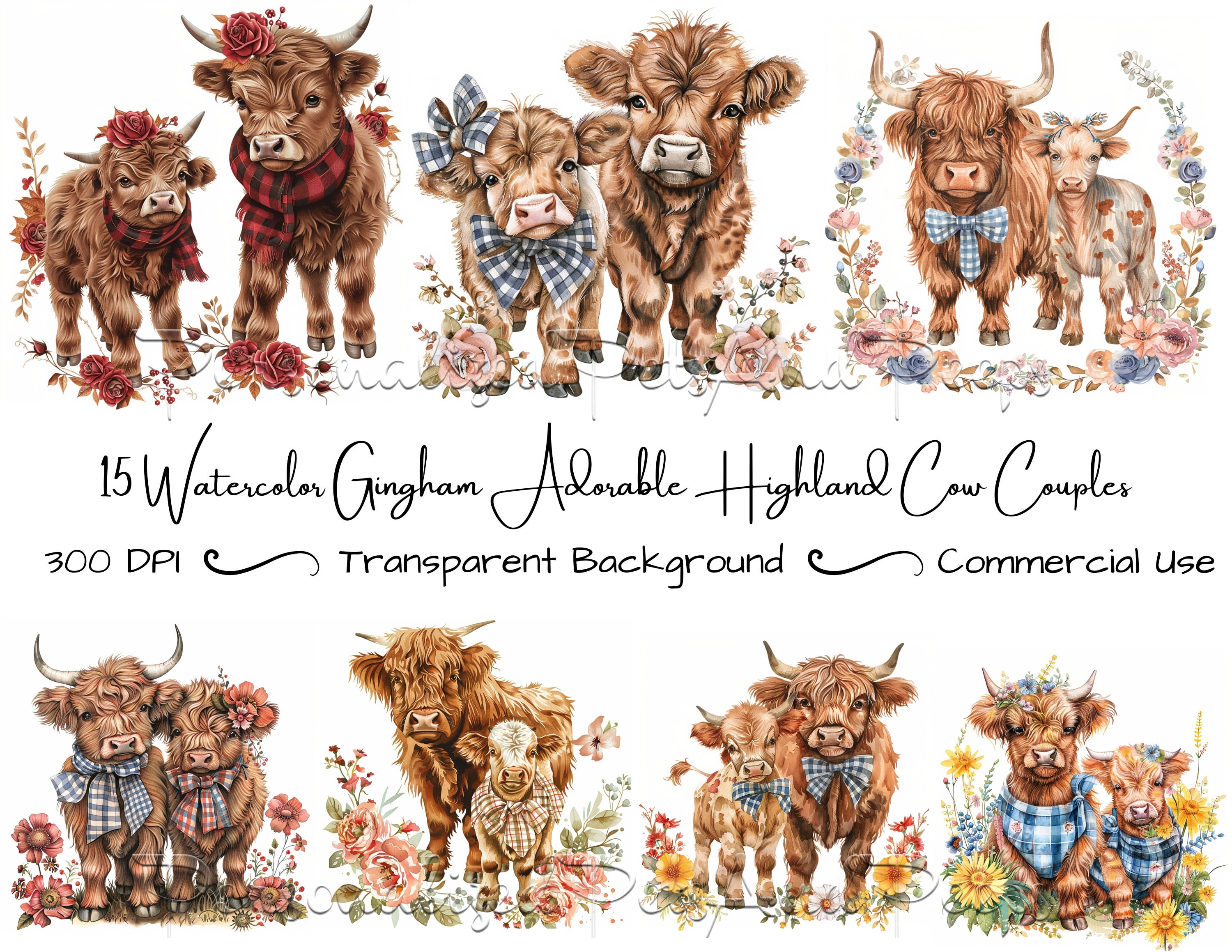 Watercolor Highland Cow Clip Art Set of 15, Cute Couple Clipart ...