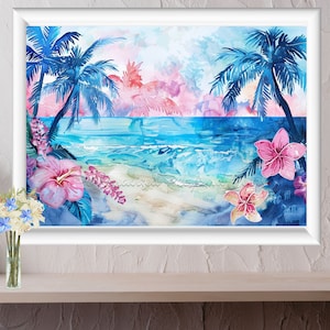 Watercolor Beach Wall Art Prints, Tropical Junk Journal, Printable Instant Download, Tropical Beach Painting, Island Scene, Tropical Clipart