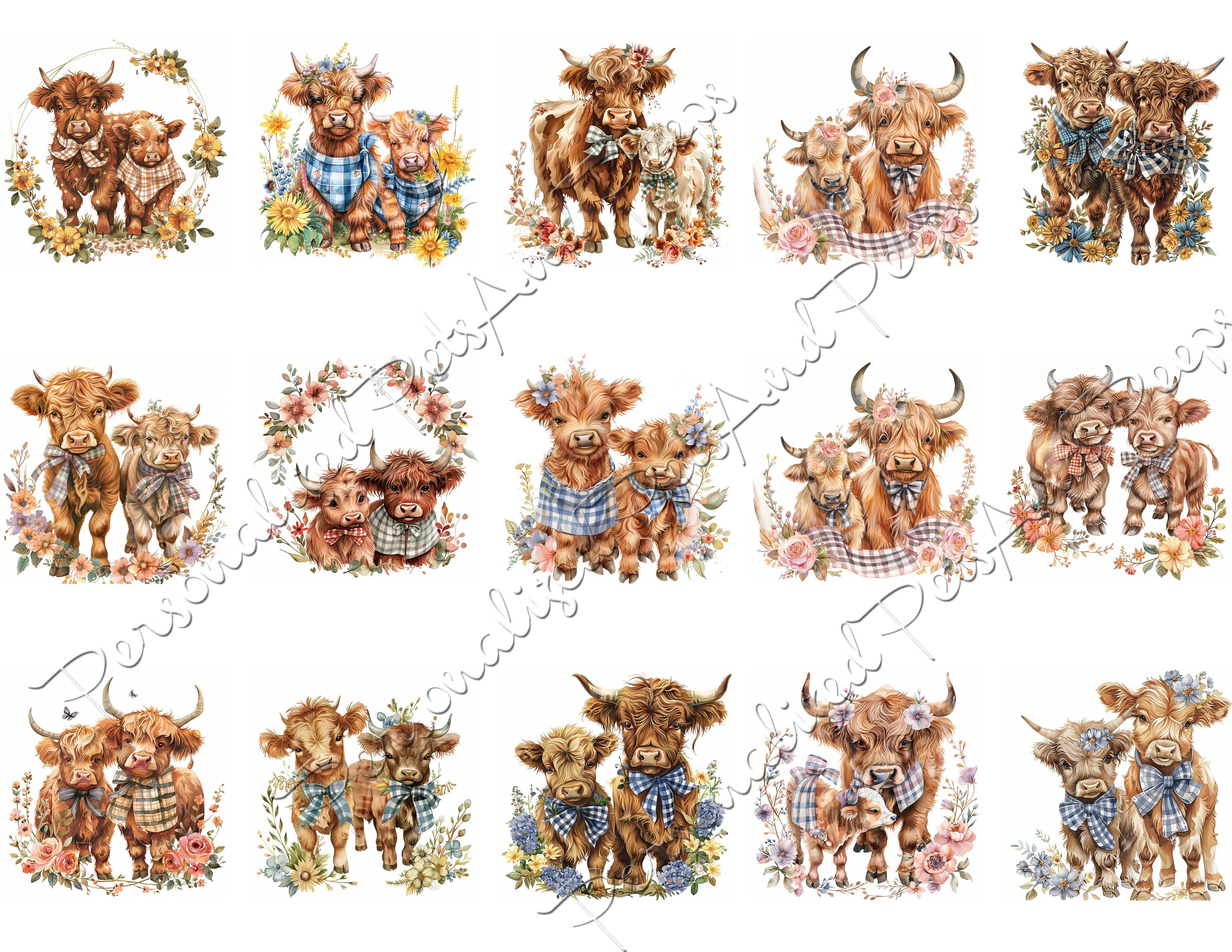 Watercolor Highland Cow Clip Art Set of 15, Cute Couple Clipart ...