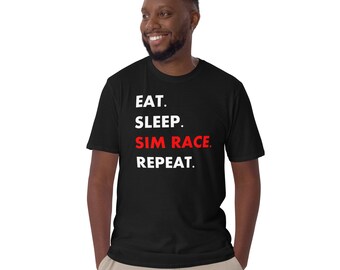 May include: A black t-shirt with white text that reads "Eat. Sleep. Sim Race. Repeat.". The word "Sim Race" is in red.
