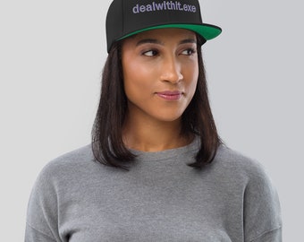 May include: A black and green baseball cap with the text "dealwithit.exe" embroidered in purple on the front.