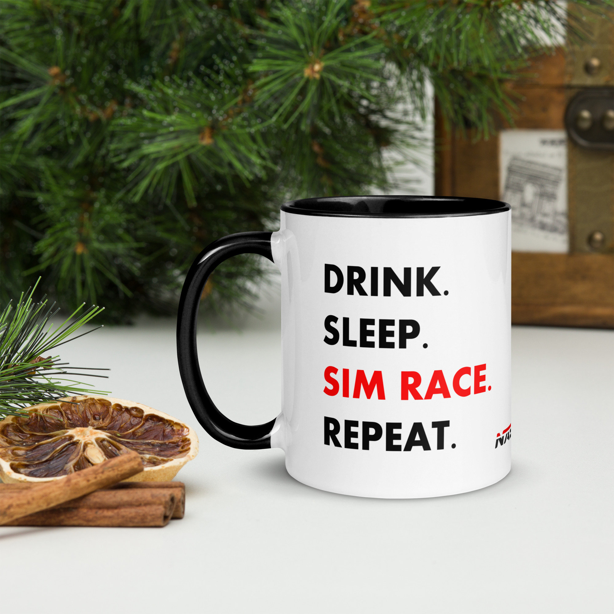 10oz -International Shipping -  drink/sleep/simrace/repeat Mug with Color Inside