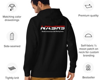 May include: Black hoodie with the text "NASRS North American Sim Racing Series" in white and red. Features include matching color drawstrings, side-seamed construction, and a tightly knit fabric. The hoodie has a self-fabric half-moon patch on the neck.