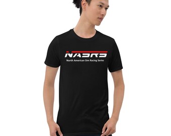 May include: Black t-shirt with a white logo that says "NASRS" with a red line above the text. The text below the logo says "North American Sim Racing Series".