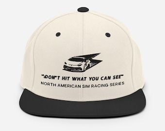 May include: A beige and black baseball cap with a black car graphic and the text "DON'T HIT WHAT YOU CAN SEE" and "NORTH AMERICAN SIM RACING SERIES".
