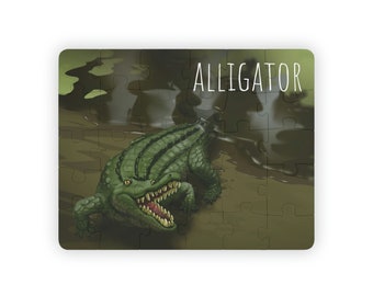 May include: A green alligator with its mouth open, showing sharp teeth, is in a swampy area. The word "ALLIGATOR" is written in white letters at the top of the image.