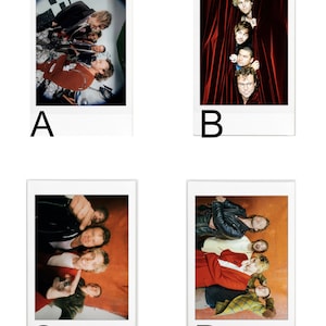 May include: Four men in a band pose for a photo shoot. The men are wearing different outfits, including a red jacket, a black leather jacket, a white shirt, and a plaid shirt. The background is a red curtain, a white wall, and a yellow wall.