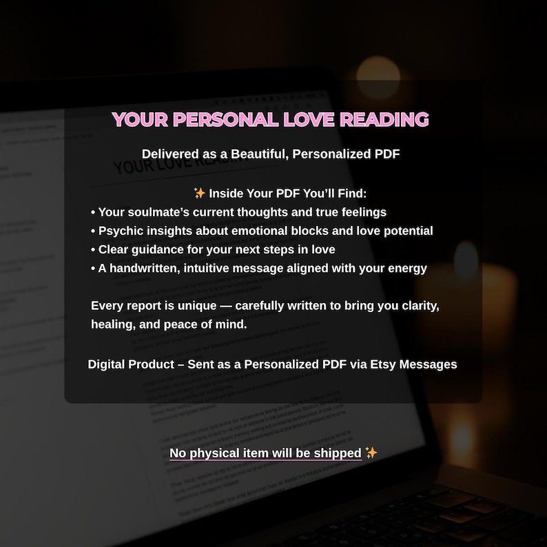 Puede incluir: Una pantalla de port&aacute;til muestra los detalles de una lectura de amor personalizada, entregada como PDF. El texto, en blanco y rosa, describe el contenido del informe, incluyendo informaci&oacute;n sobre sentimientos y consejos amorosos.